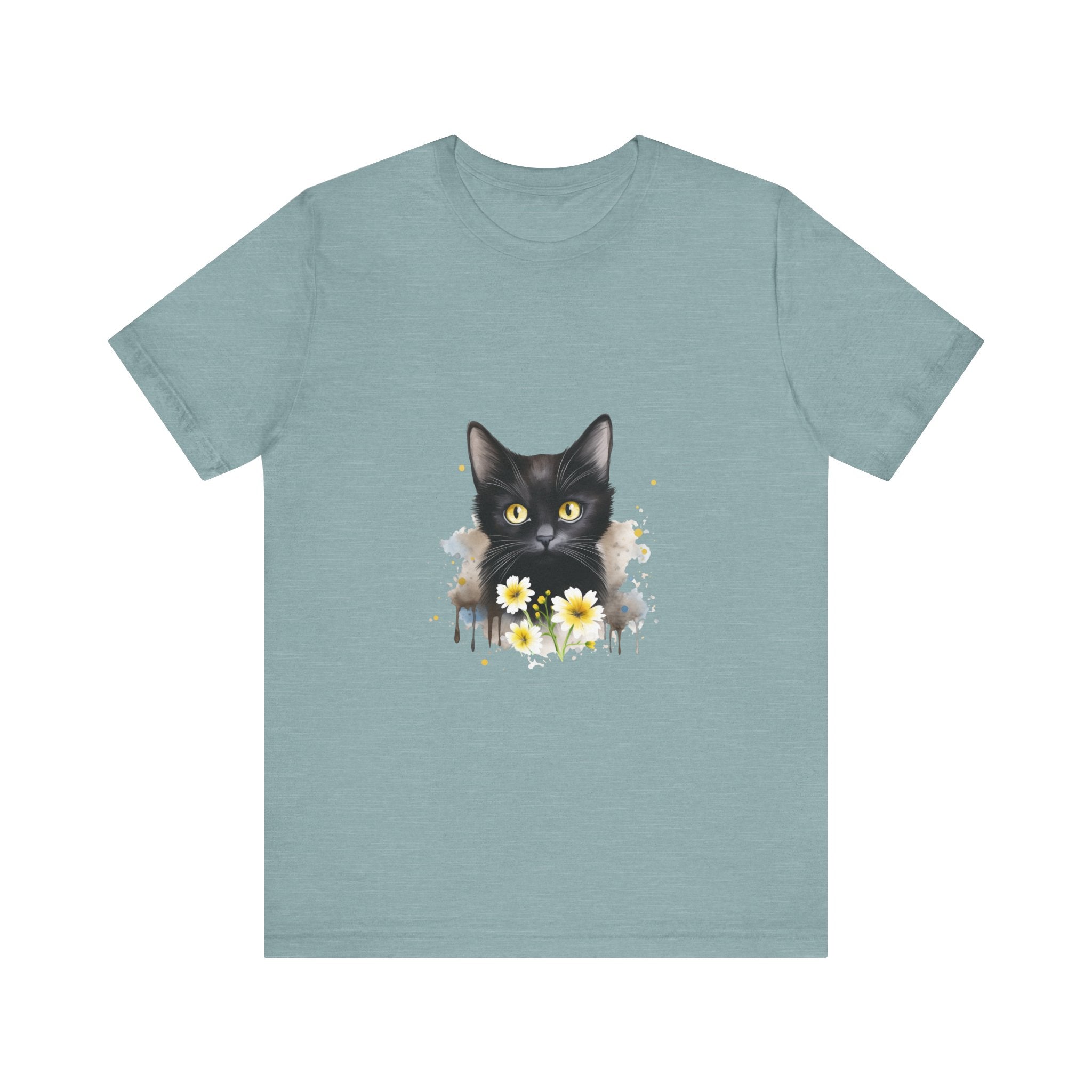 A close-up image of a black cat with piercing yellow eyes printed on a t-shirt