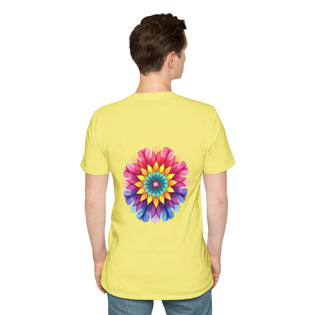 A vibrant and colorful t-shirt featuring a beautiful floral mandala design with an inspiring quote