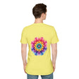 A vibrant and colorful t-shirt featuring a beautiful floral mandala design with an inspiring quote