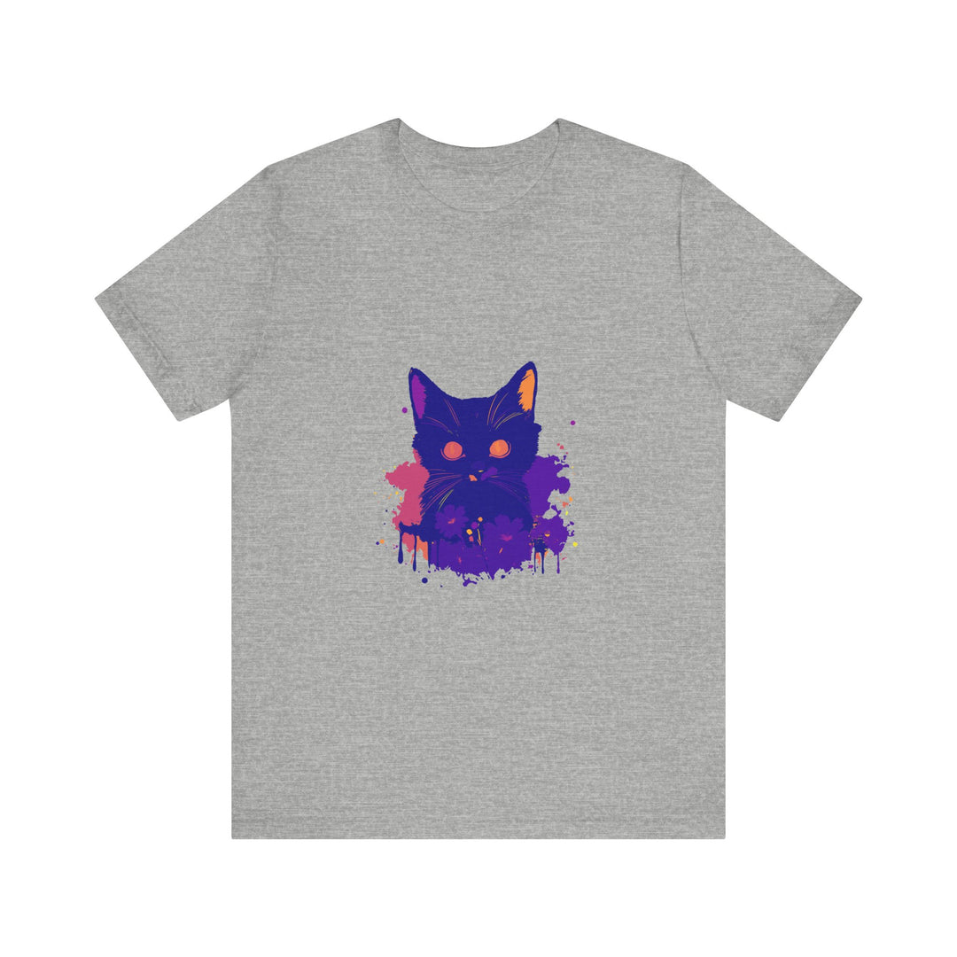 Black Cat Mystery - Abstract Art T-Shirt featuring a mysterious black cat surrounded by abstract shapes and colors, perfect for any art lover's wardrobe