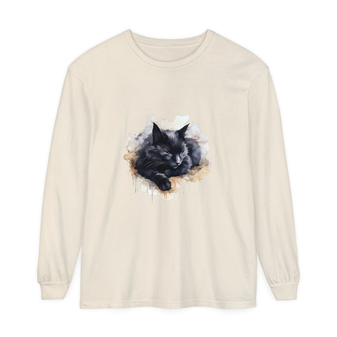 A detailed watercolor illustration of a black cat sleeping on a t-shirt