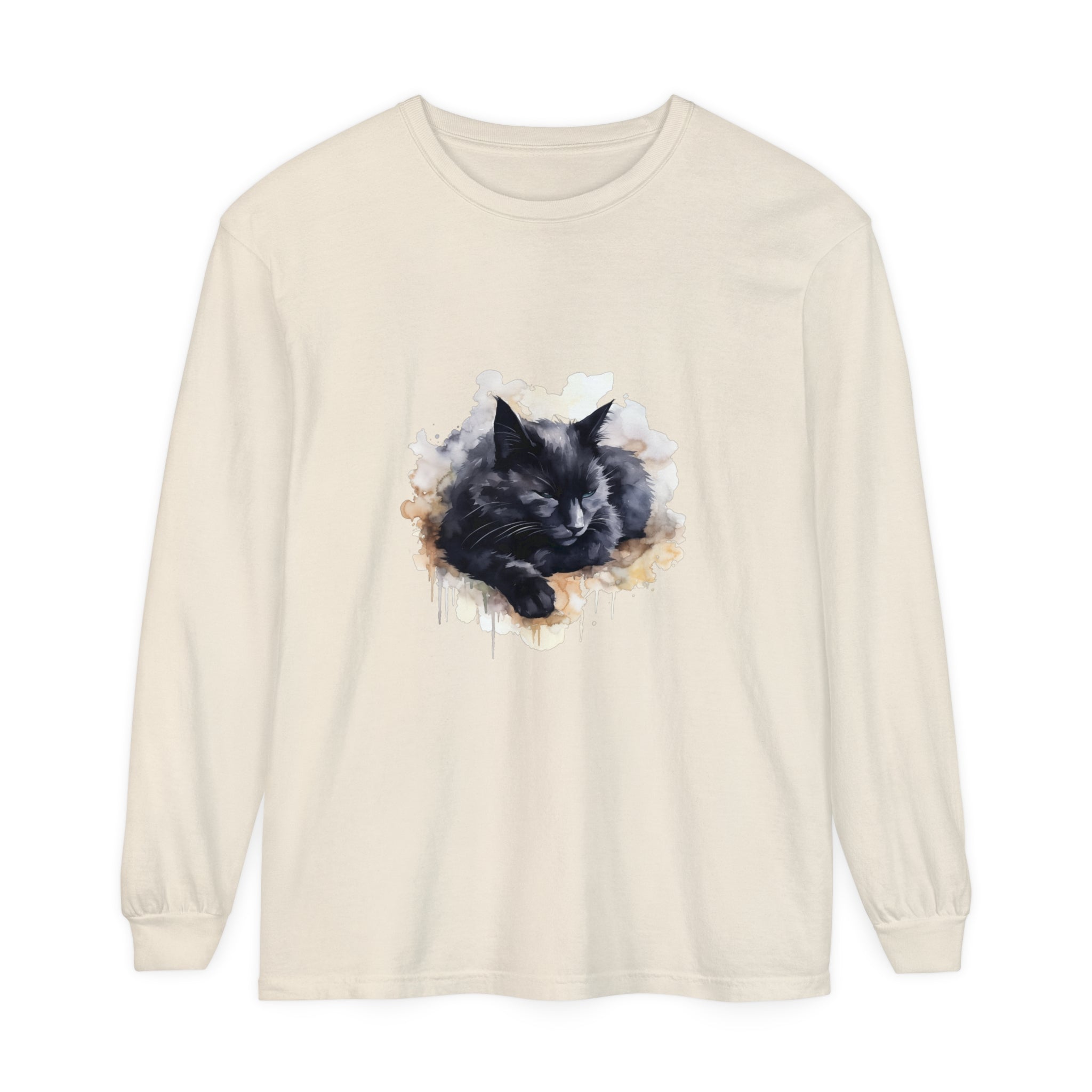 A detailed watercolor illustration of a black cat sleeping on a t-shirt