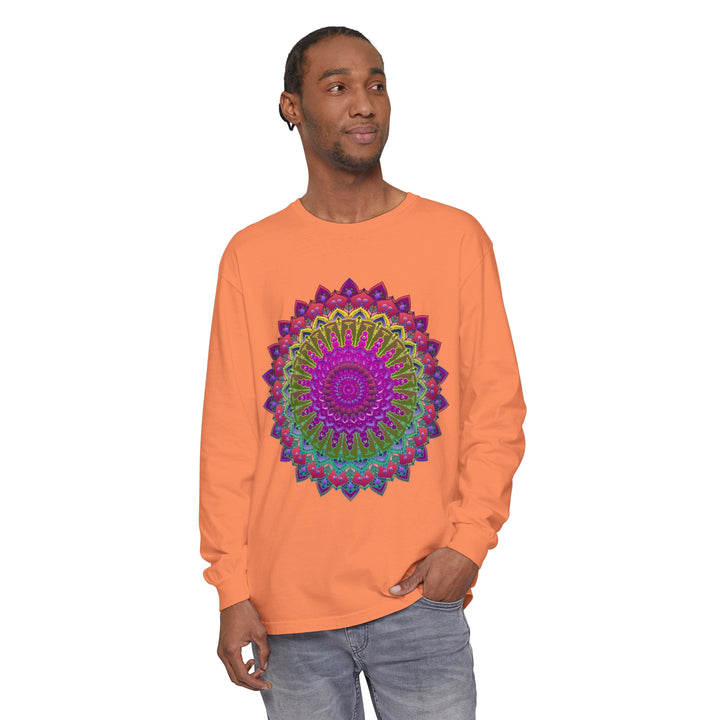 Colorful and intricate mandala design on a unisex long sleeve t-shirt