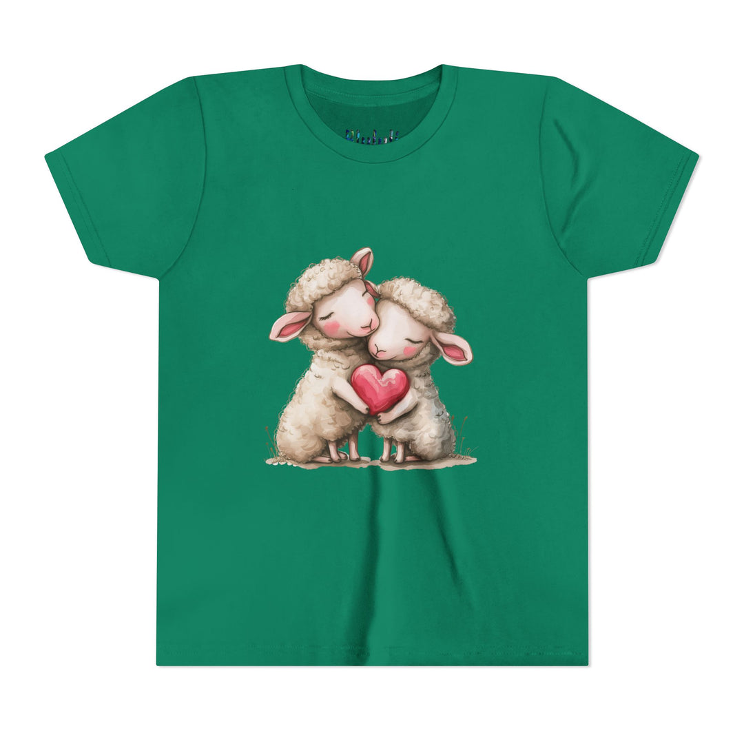 Jugend-T-Shirt – Cartoon-Schafe, die ein Herz umarmen, süßes und schönes Design 