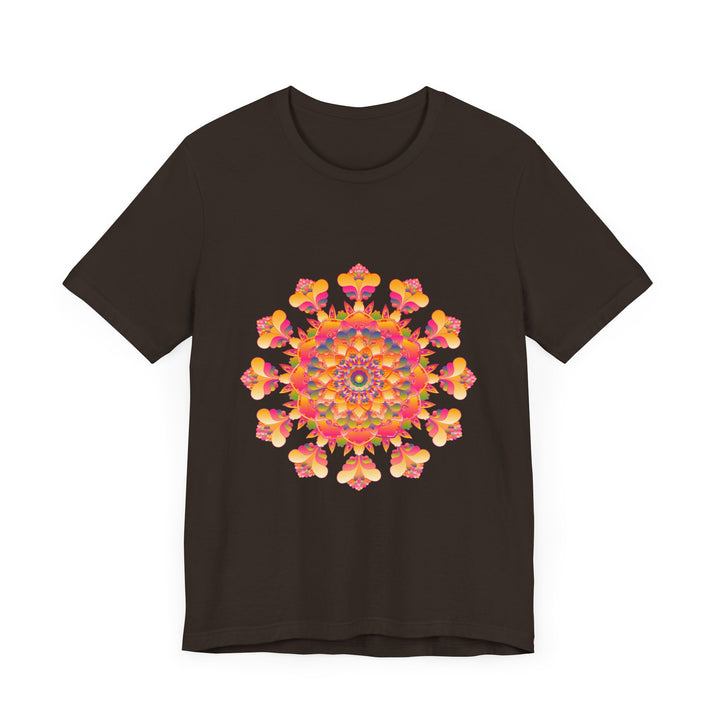 Women's fashion tee featuring a stunning mandala design in pink, yellow, orange, and green