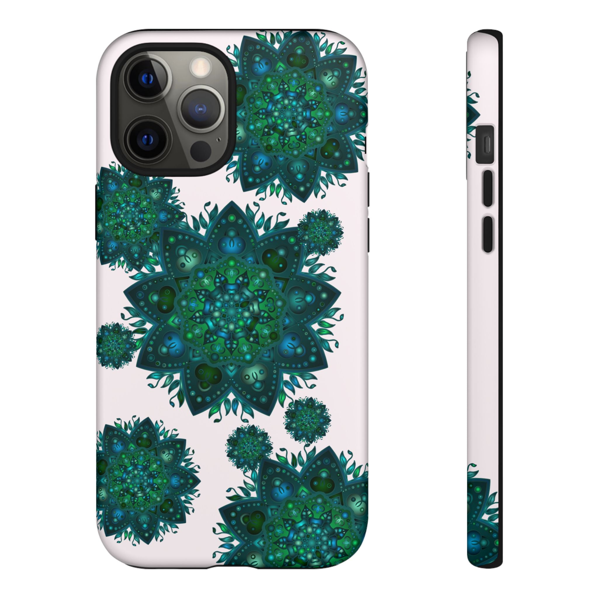 Beautiful light pink and green mandala phone case with a peaceful and intricate design