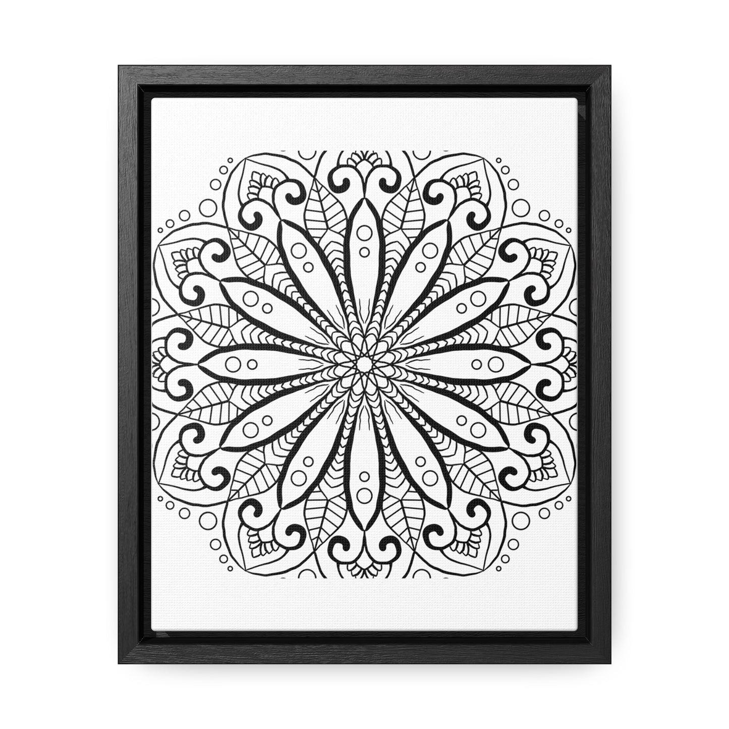 Handmade black and white mandala art on gallery canvas wraps with vertical frame