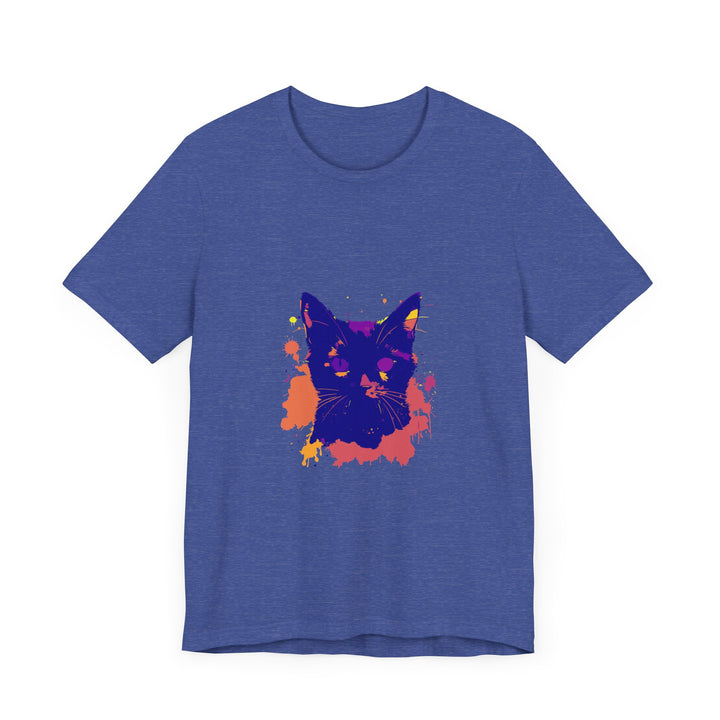 A comfortable and fashionable black cat mystery t-shirt with a vibrant splatter