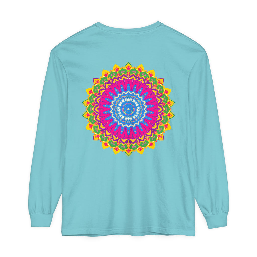 Colorful and intricate mandala design on a unisex long sleeve t-shirt