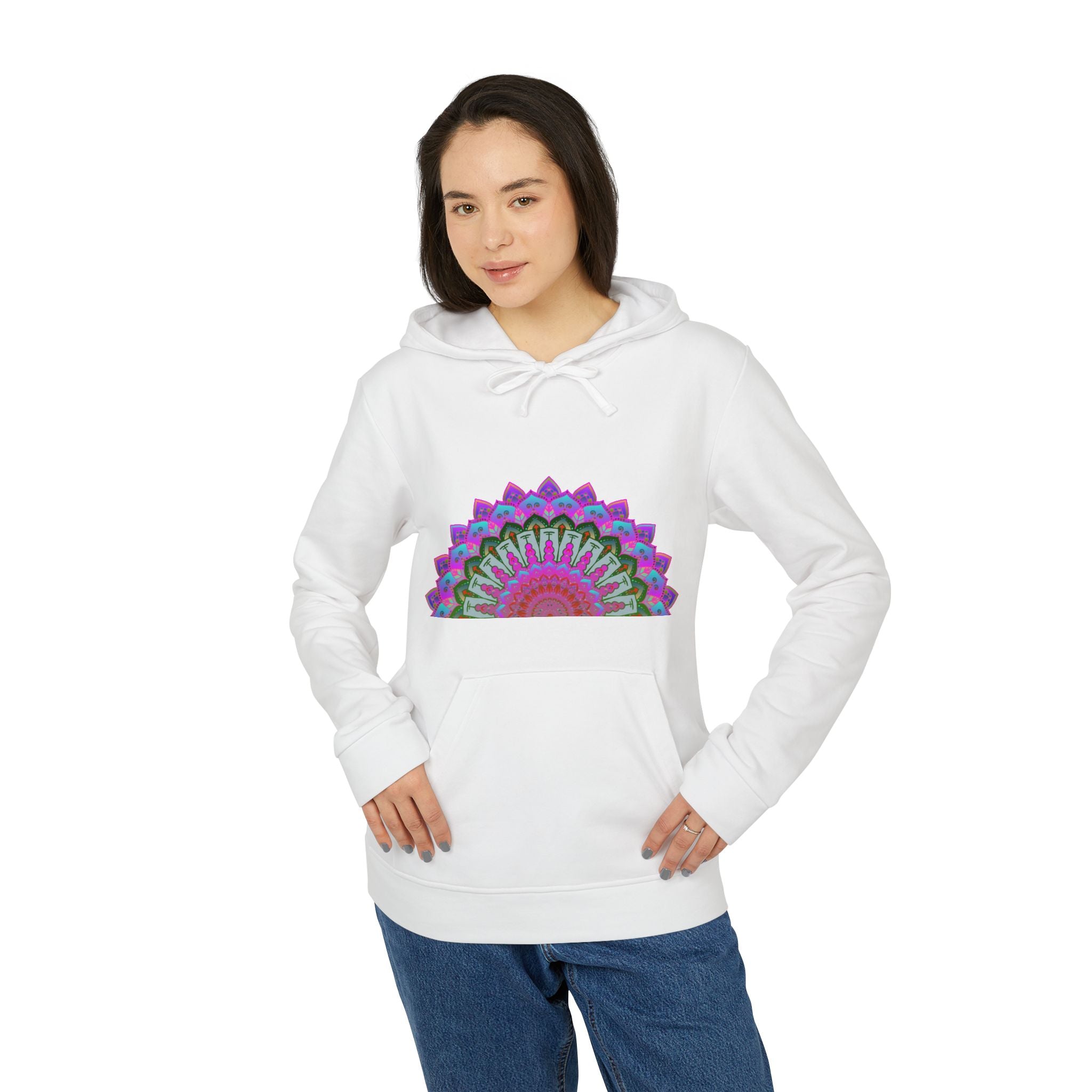 Blululi Adidas Mandala Fleece Hoodie in vibrant blue with intricate mandala design and cozy hood for stylish and comfortable winter wear