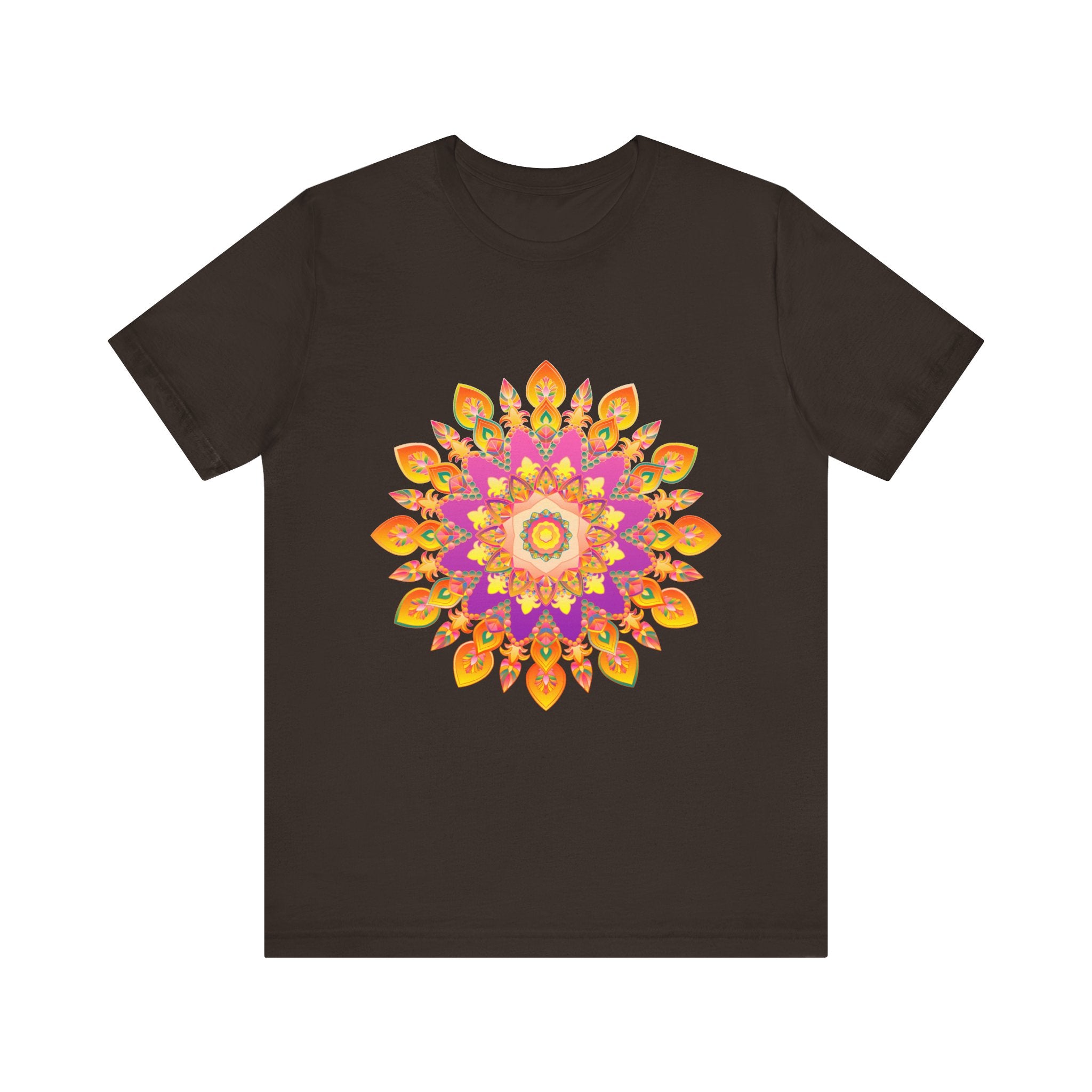 A vibrant mandala t-shirt featuring intricate colorful details and unique design