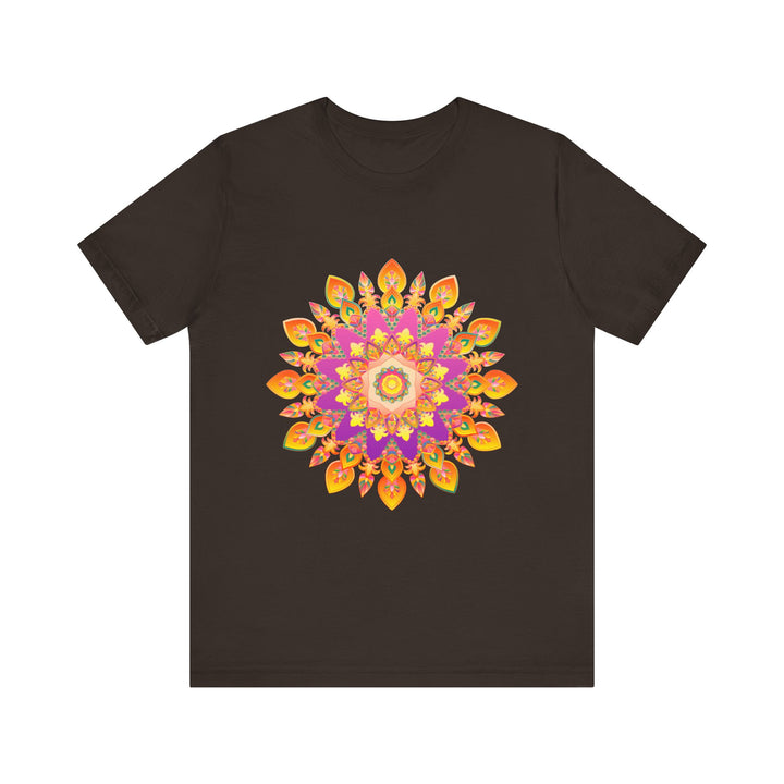 A vibrant mandala t-shirt featuring intricate colorful details and unique design