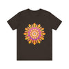 A vibrant mandala t-shirt featuring intricate colorful details and unique design