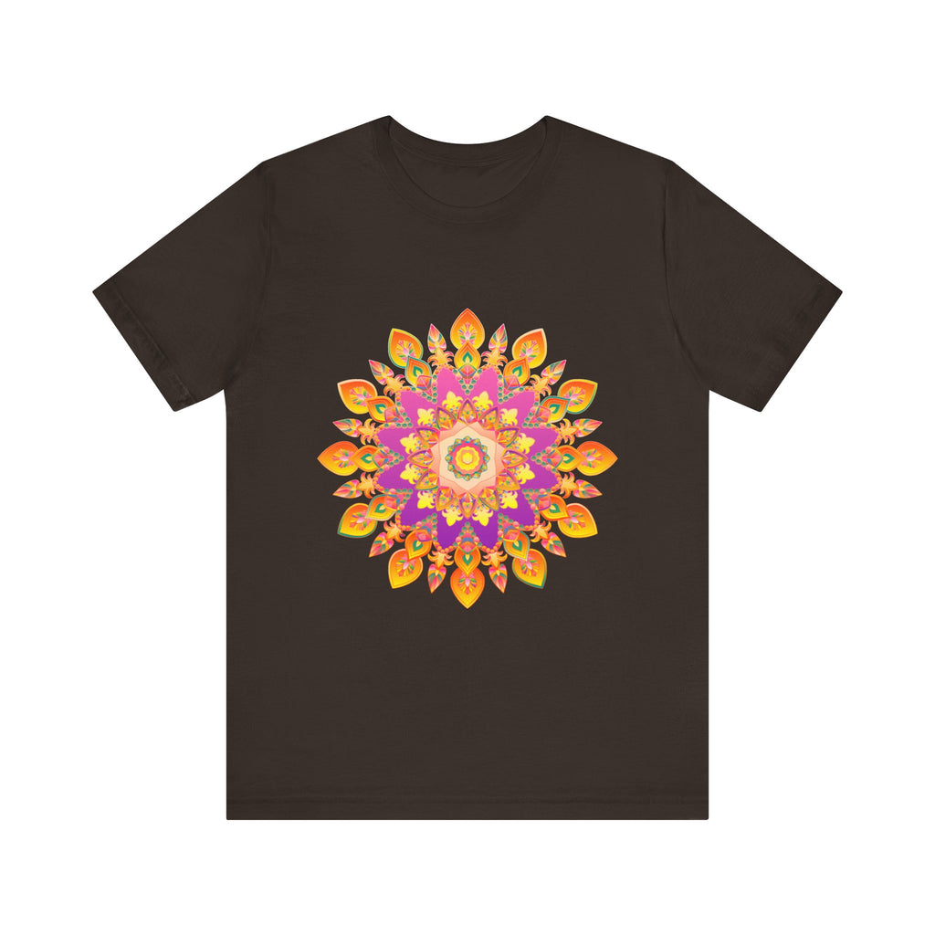 A vibrant mandala t-shirt featuring intricate colorful details and unique design