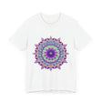 Vibrant and intricate purple mandala design on a comfortable t-shirt