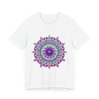 Vibrant and intricate purple mandala design on a comfortable t-shirt