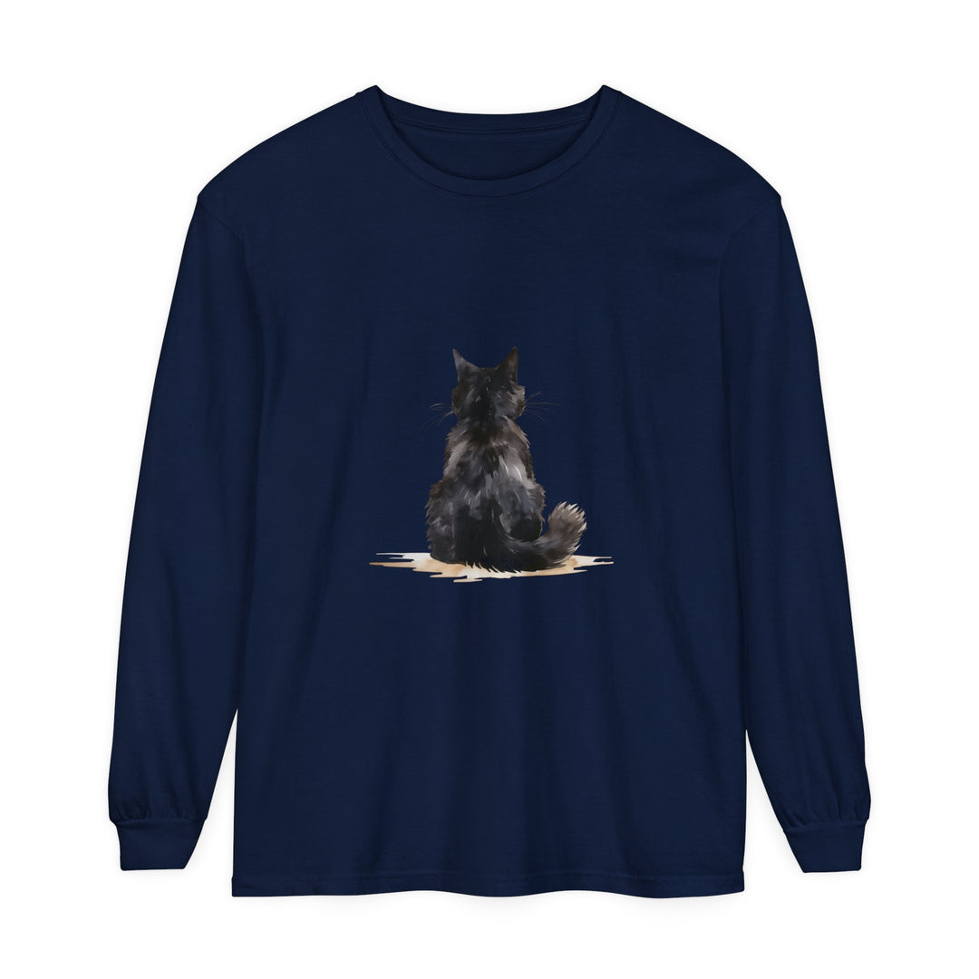 Black Cat Watercolor unisex long sleeve t-shirt with vibrant, hand-painted feline design