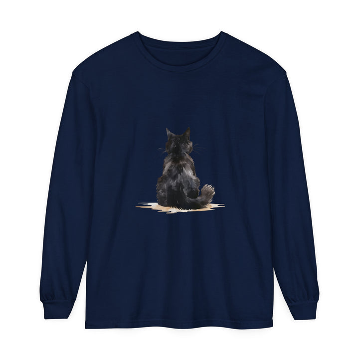 Black Cat Watercolor unisex long sleeve t-shirt with vibrant, hand-painted feline design