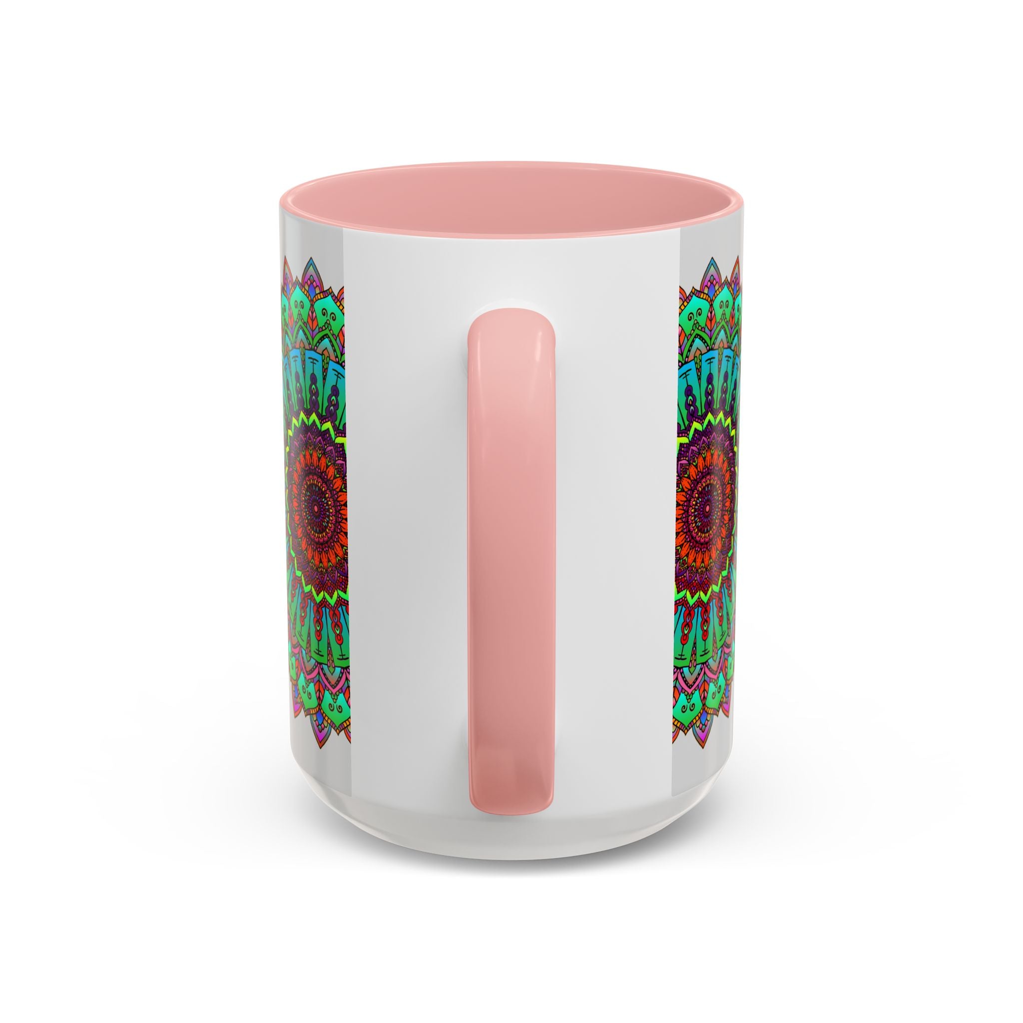 A light grey ceramic mug featuring a colorful mandala art design