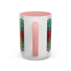 A light grey ceramic mug featuring a colorful mandala art design