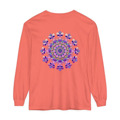 A detailed, colorful long sleeve unisex t-shirt featuring an intricate mandala design