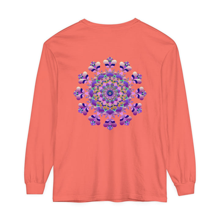 A detailed, colorful long sleeve unisex t-shirt featuring an intricate mandala design