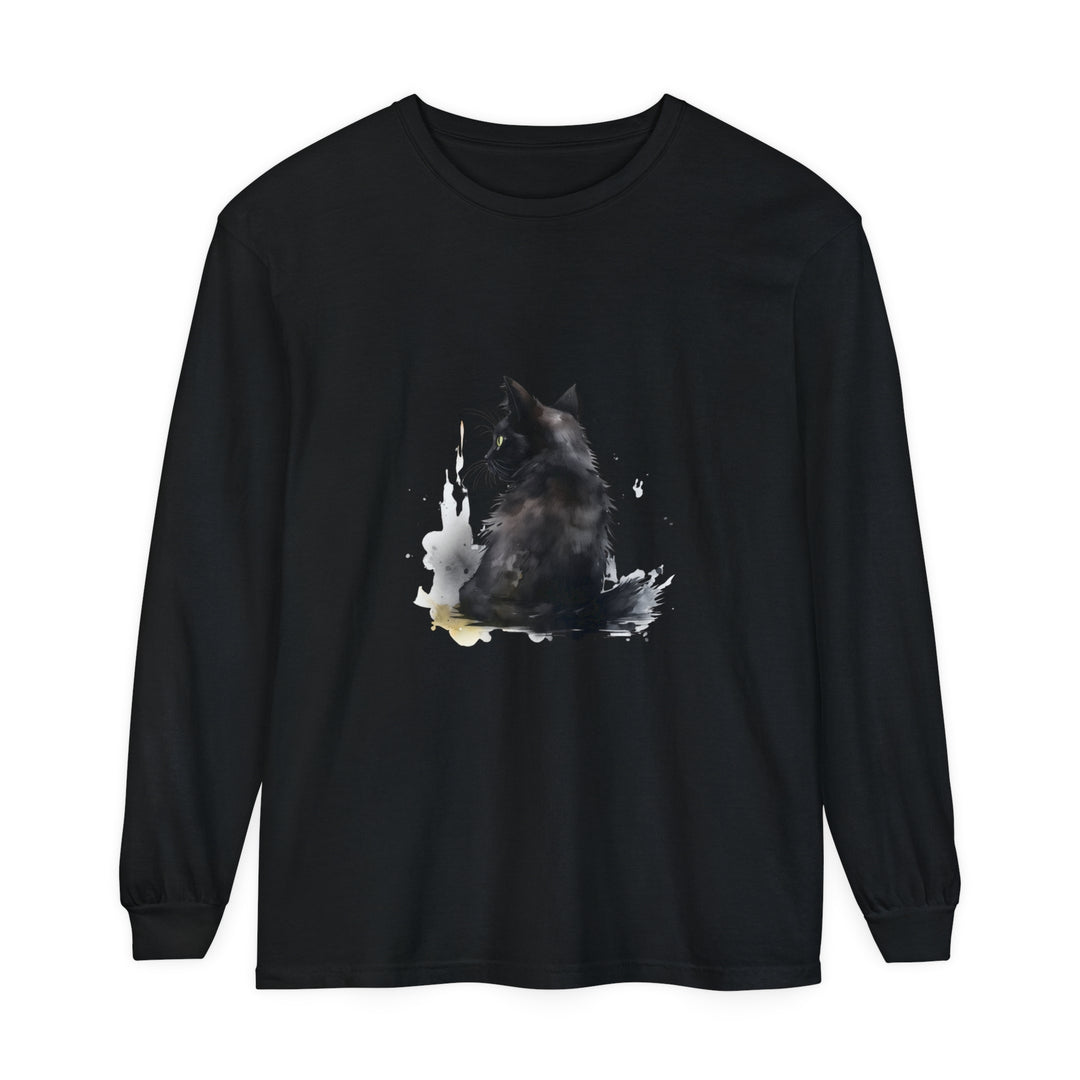 Black Cat Watercolor Dream - Long Sleeve T-Shirt featuring a vibrant watercolor design of a black cat on a comfortable long sleeve shirt