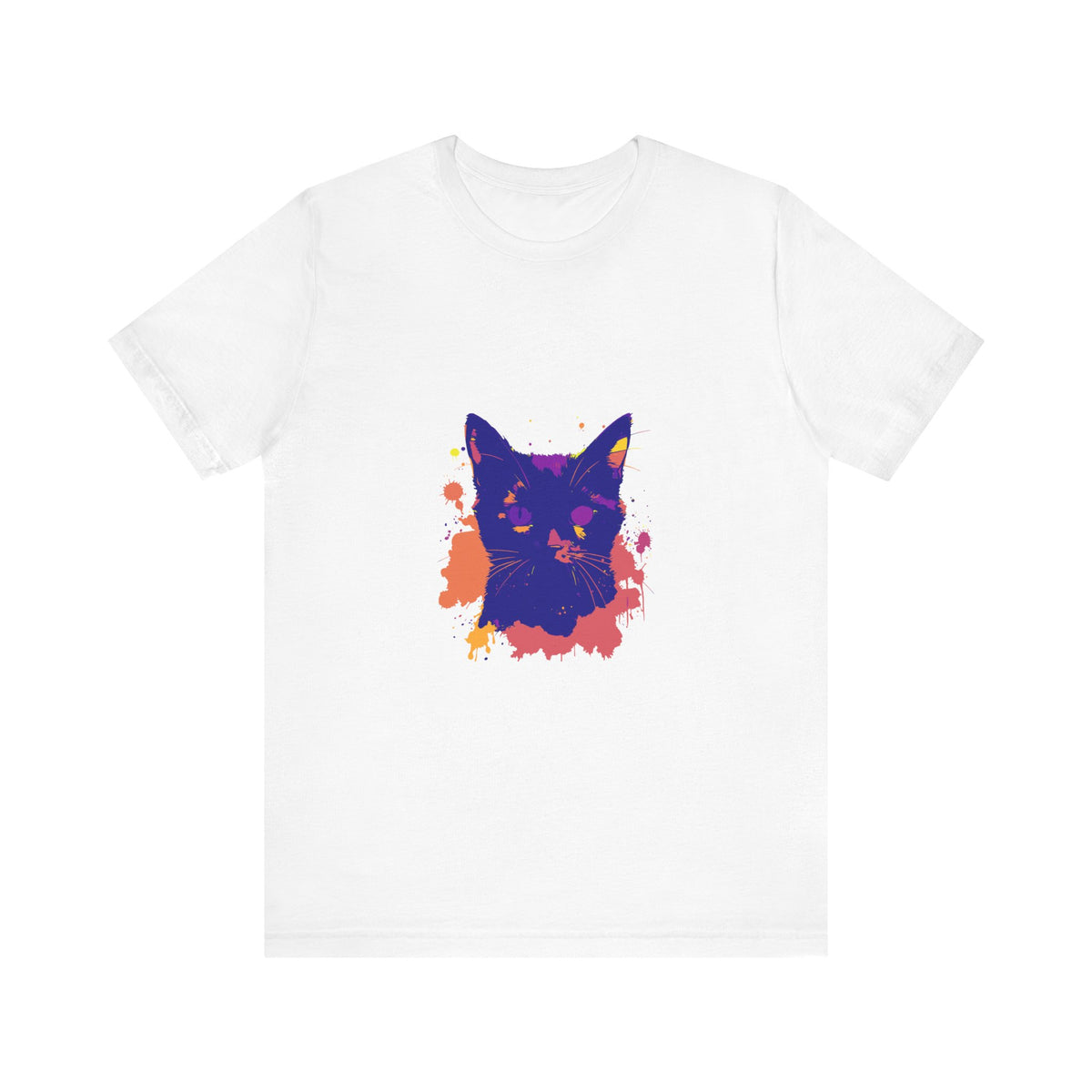 A black cat mystery t-shirt with a colorful and unique splatter pattern