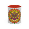 Vibrant mandala mug featuring colorful art on a grey background, perfect for adding a pop of color to your morning coffee routine