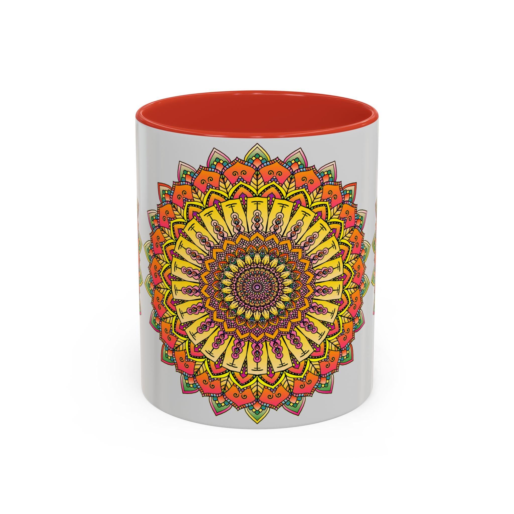 Vibrant mandala mug featuring colorful art on a grey background, perfect for adding a pop of color to your morning coffee routine