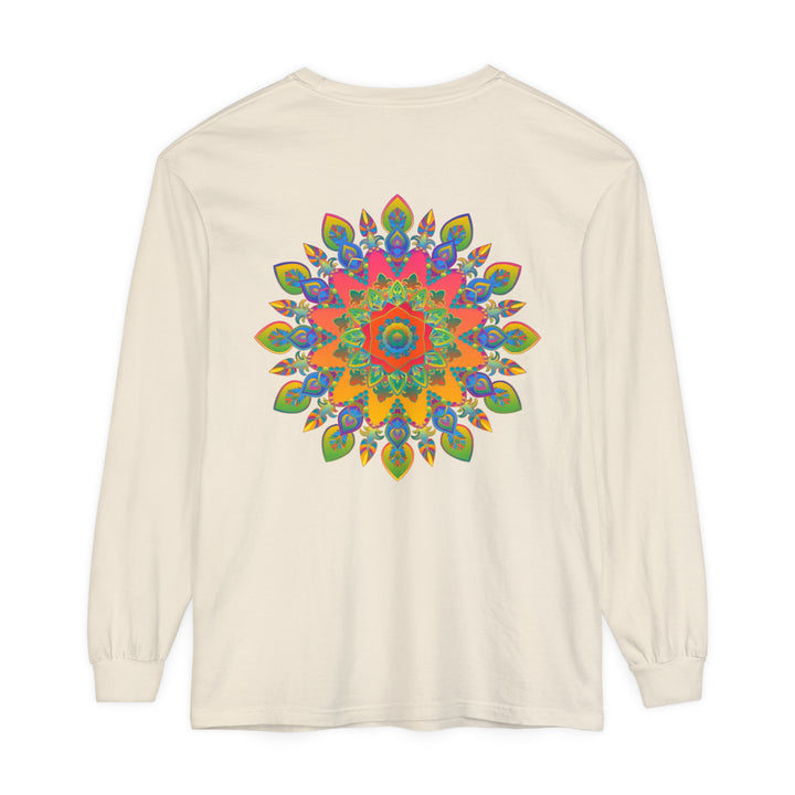 Vibrant Mandala Unisex Long Sleeve T-Shirt in rich hues of blue, green, and purple, featuring an intricate mandala design