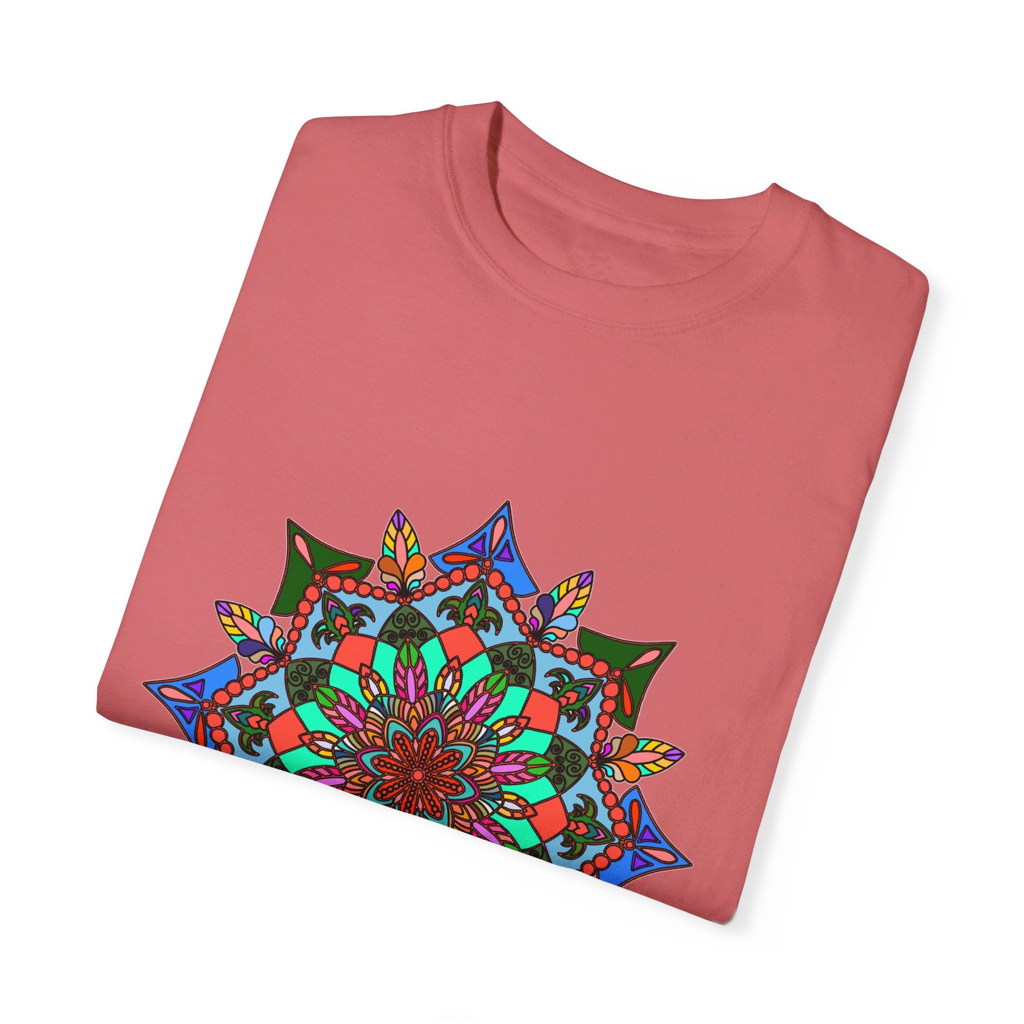 Unisex mandala t-shirt made from 100% ring-spun cotton, hand-drawn mandala art, and garment-dyed for extra comfort