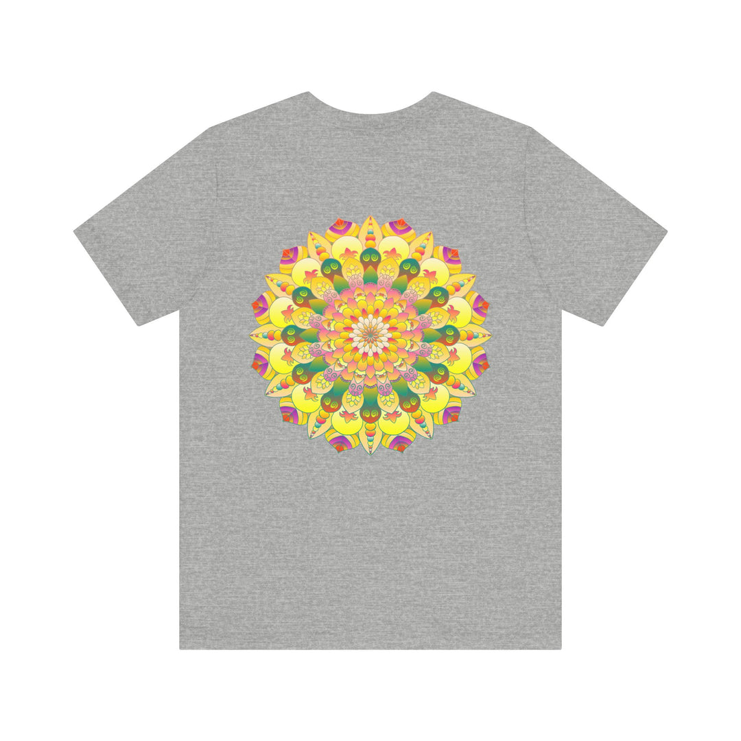 A beautiful and colorful t-shirt featuring a vibrant mandala design, evoking feelings of spiritual peace and harmony