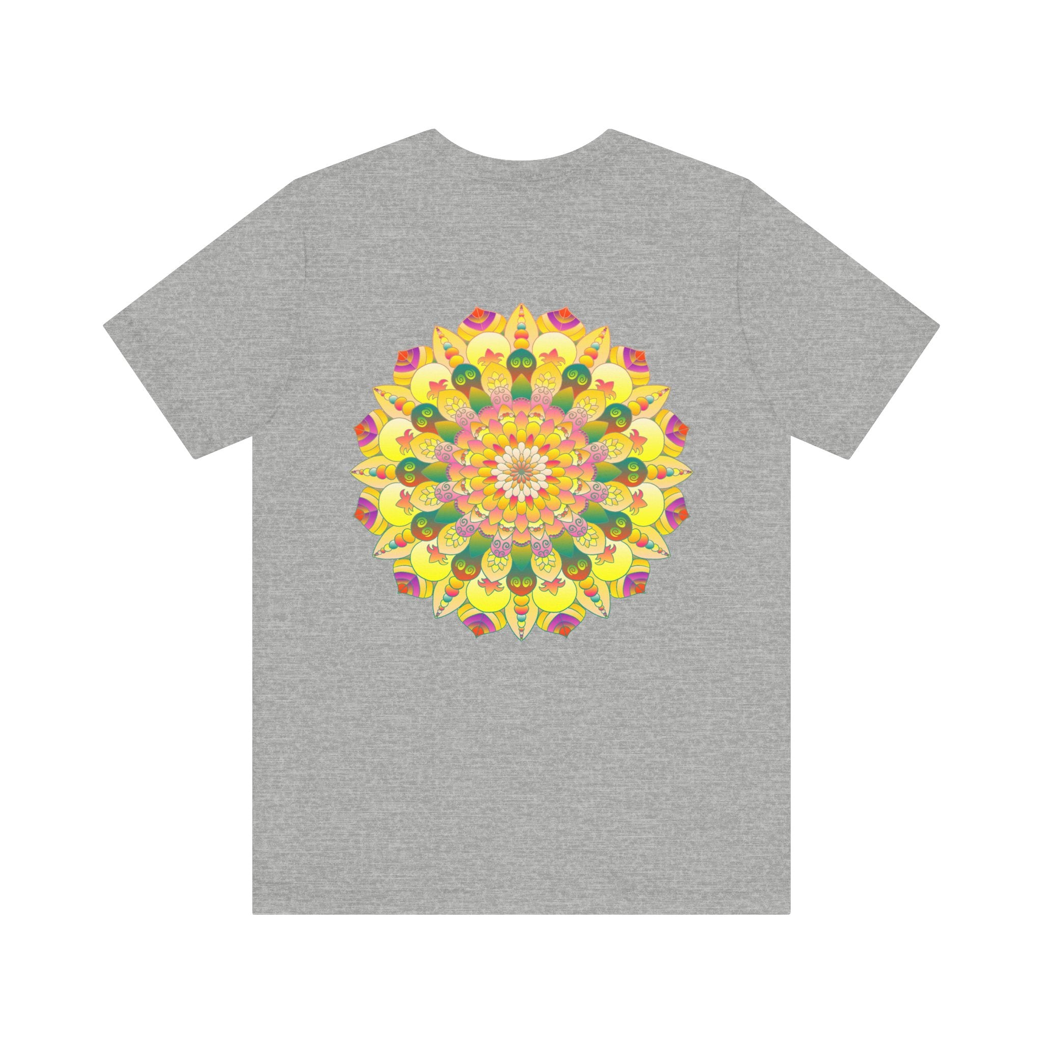 A beautiful and colorful t-shirt featuring a vibrant mandala design, evoking feelings of spiritual peace and harmony