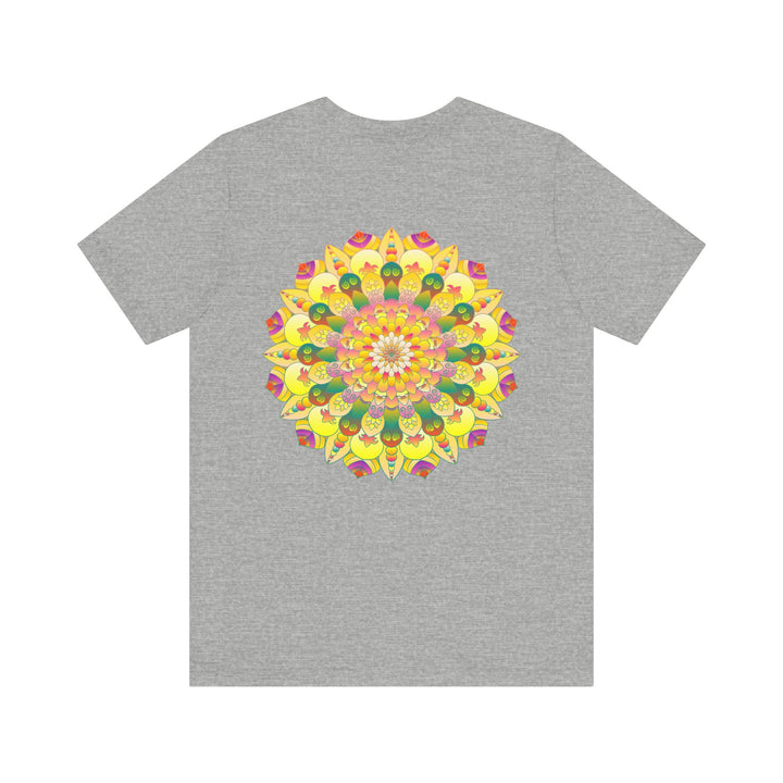 A beautiful and colorful t-shirt featuring a vibrant mandala design, evoking feelings of spiritual peace and harmony