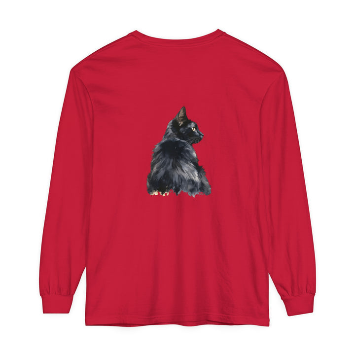 A close-up image of a black cat watercolor long sleeve t-shirt with intricate and detailed design