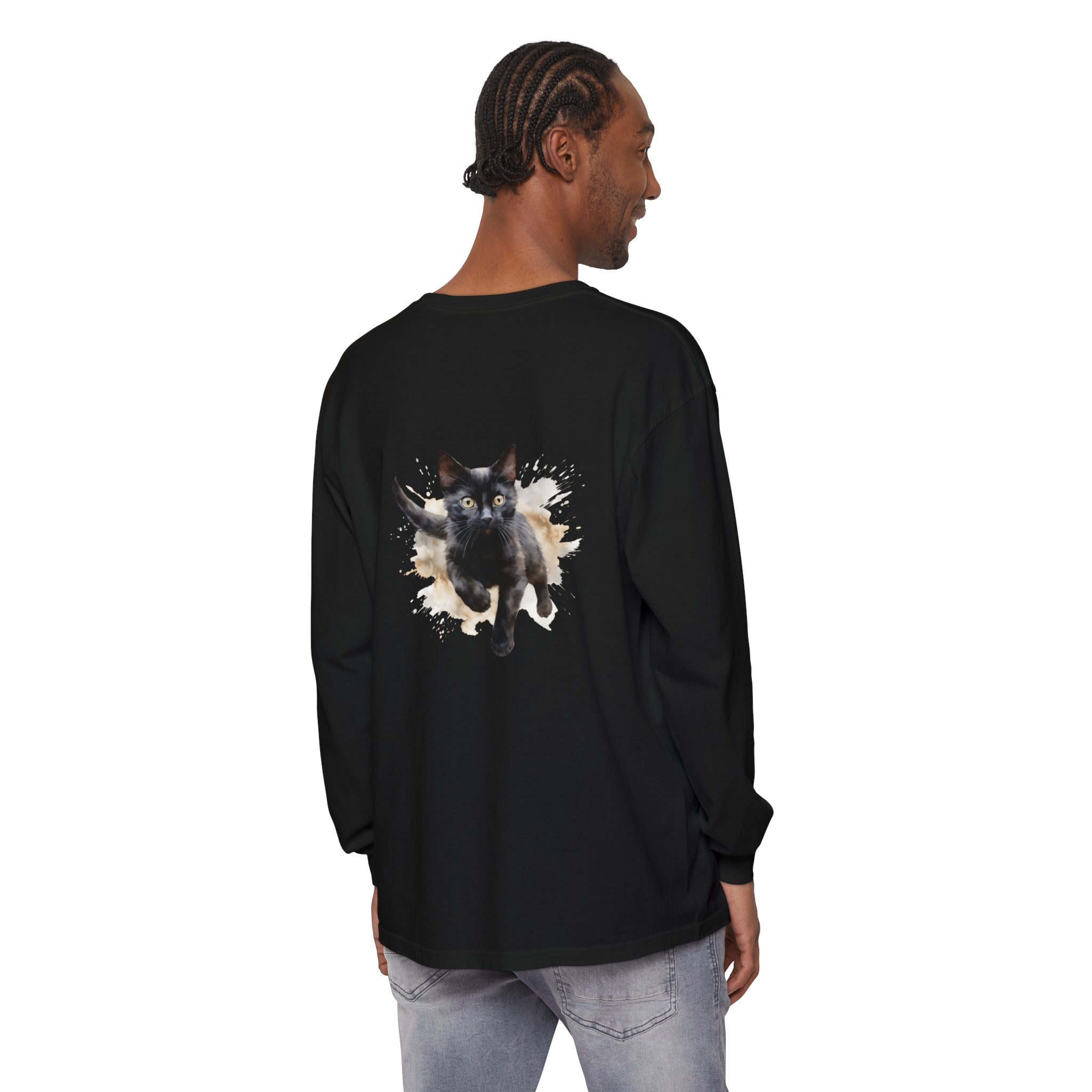 Black Cat Watercolor Splash T-Shirt: A stylish and artistic tee featuring a vibrant watercolor splash design of a black cat