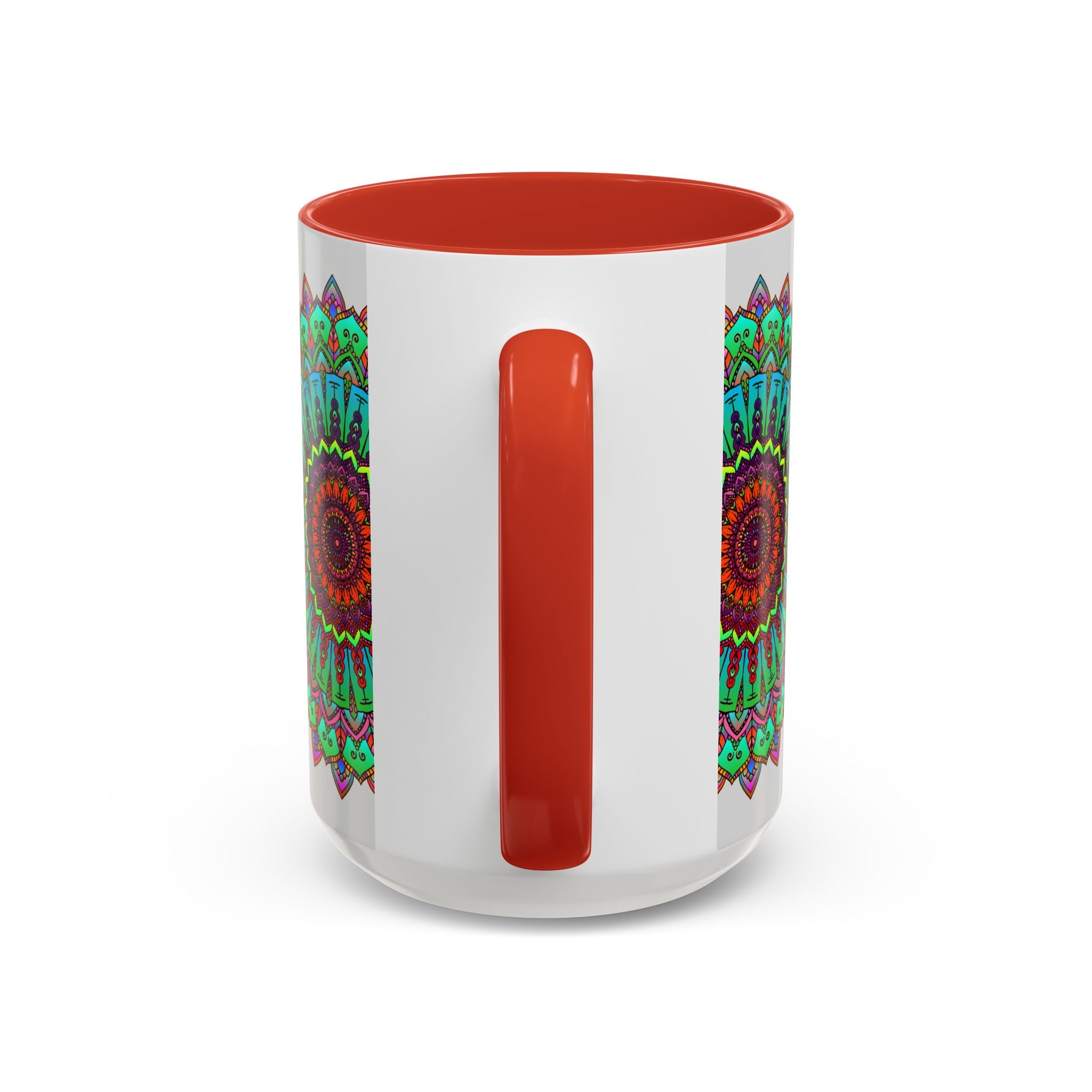 A light grey ceramic mug adorned with a colorful mandala art design