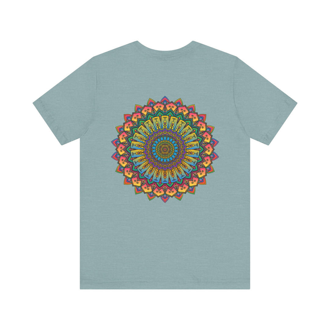 A colorful and intricate mandala design on a t-shirt, representing spiritual peace and harmony for a vibrant and uplifting style