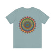 A colorful and intricate mandala design on a t-shirt, representing spiritual peace and harmony for a vibrant and uplifting style