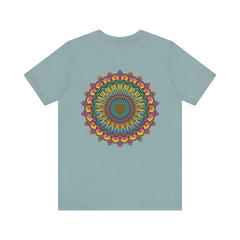 A colorful and intricate mandala design on a t-shirt, representing spiritual peace and harmony for a vibrant and uplifting style