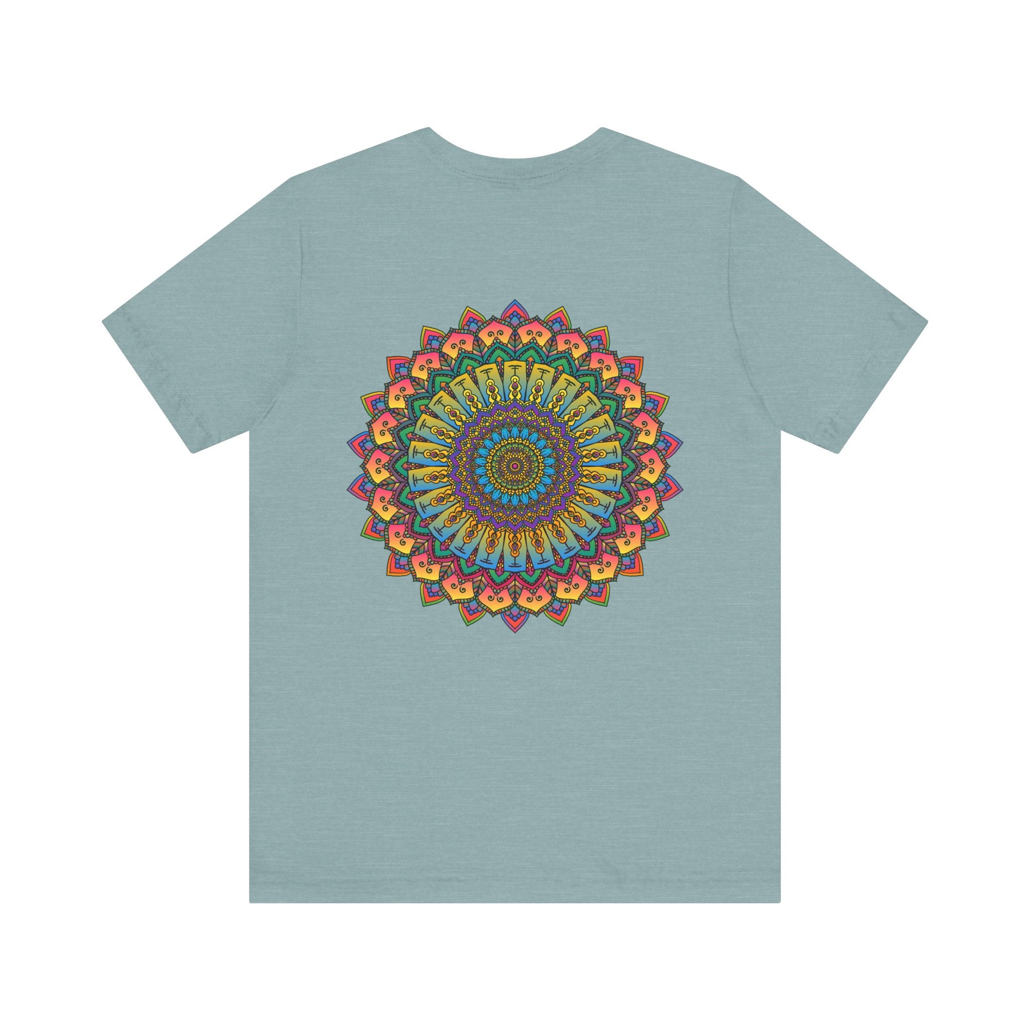 A colorful and intricate mandala design on a t-shirt, representing spiritual peace and harmony for a vibrant and uplifting style