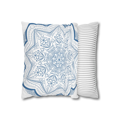 Spun Polyester Square Pillowcase Mandala Art - Original Fine Art - Hand-drawn - Steel Blue on White 