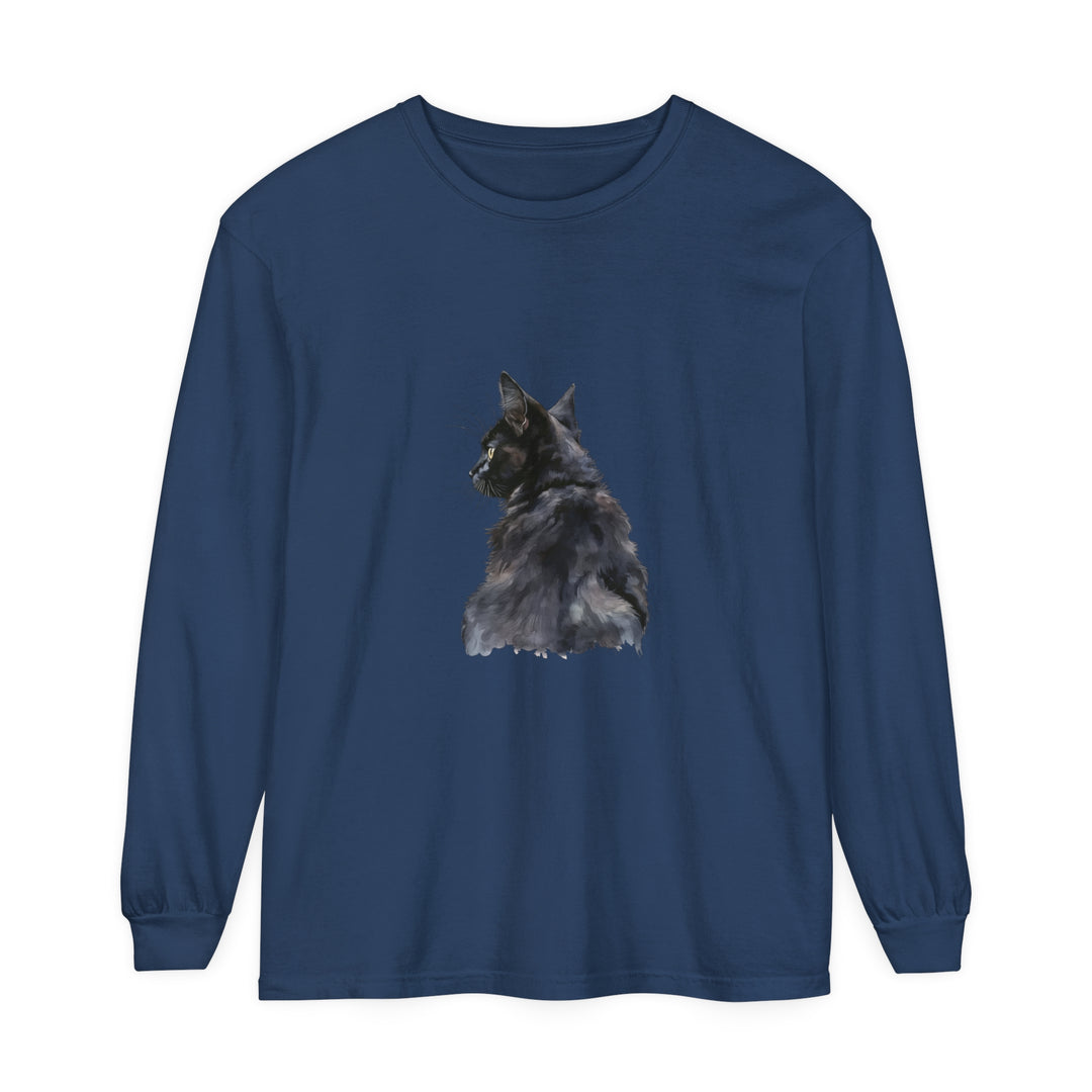 Black Cat Watercolor Long Sleeve T-Shirt featuring a beautiful watercolor design of a black cat on a comfortable long sleeve shirt