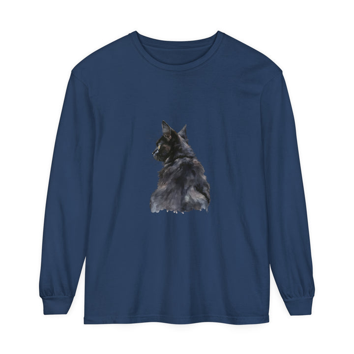 Black Cat Watercolor Long Sleeve T-Shirt featuring a beautiful watercolor design of a black cat on a comfortable long sleeve shirt