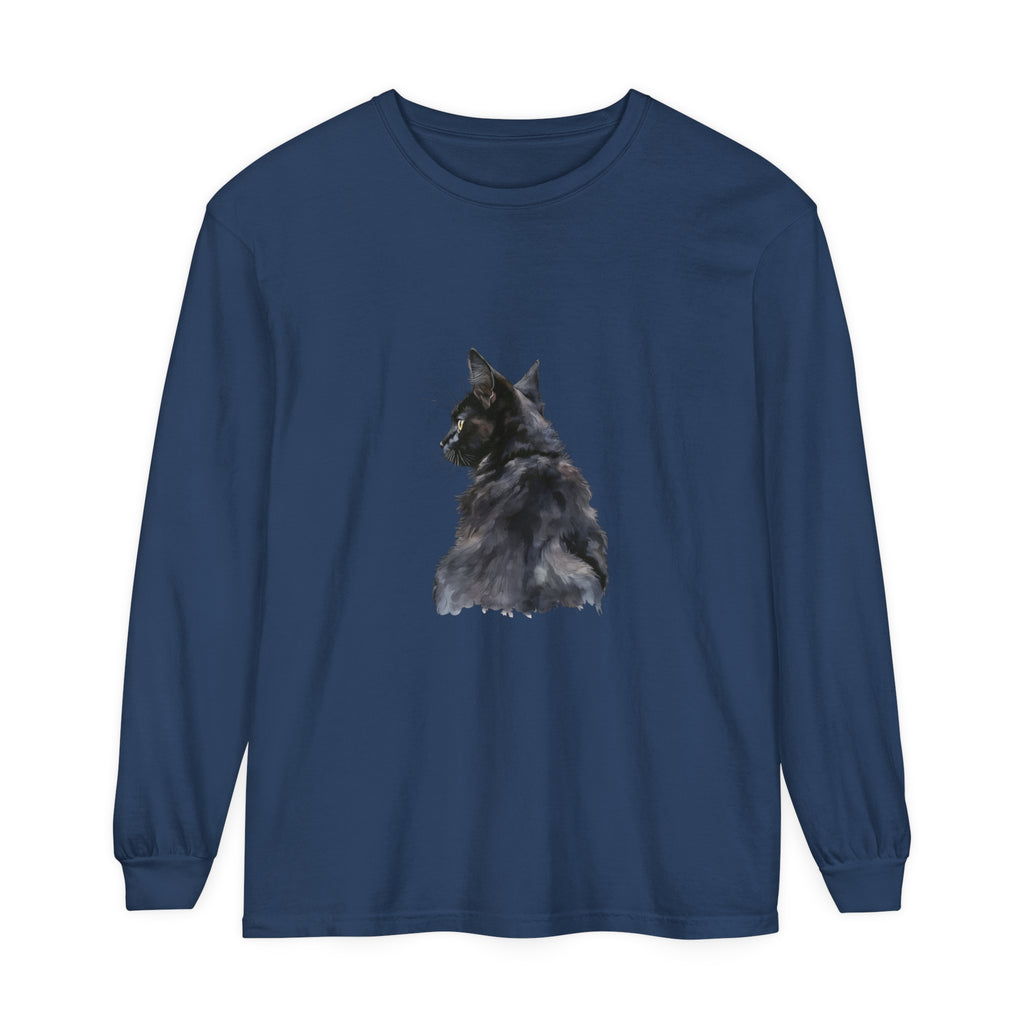 Black Cat Watercolor Long Sleeve T-Shirt featuring a beautiful watercolor design of a black cat on a comfortable long sleeve shirt