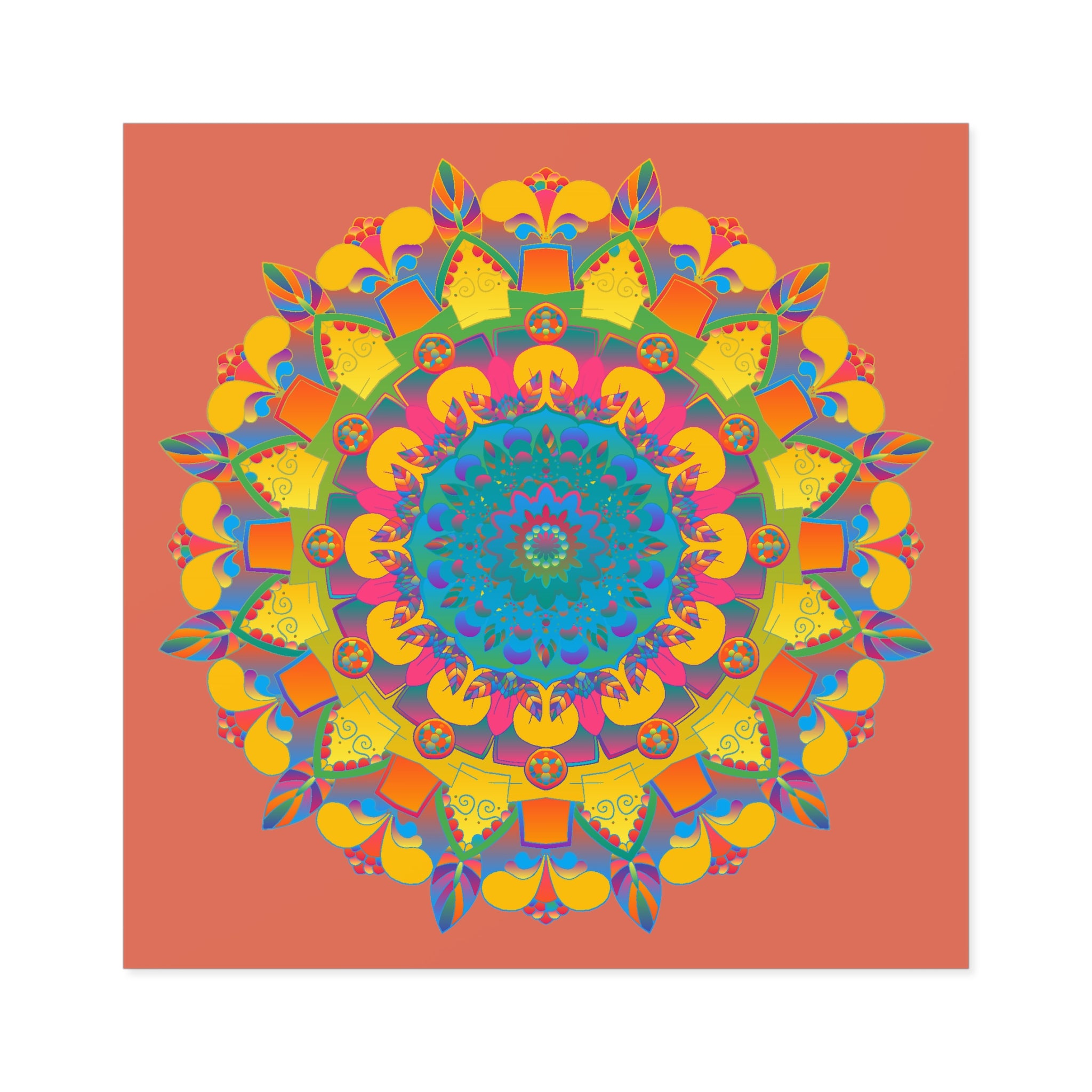 Handgezeichnete Mandala-Laminieraufkleber – Gold, Rot und Grün auf Terrakotta