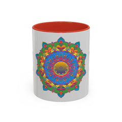 Handcrafted mandala flower design on grey ceramic mug