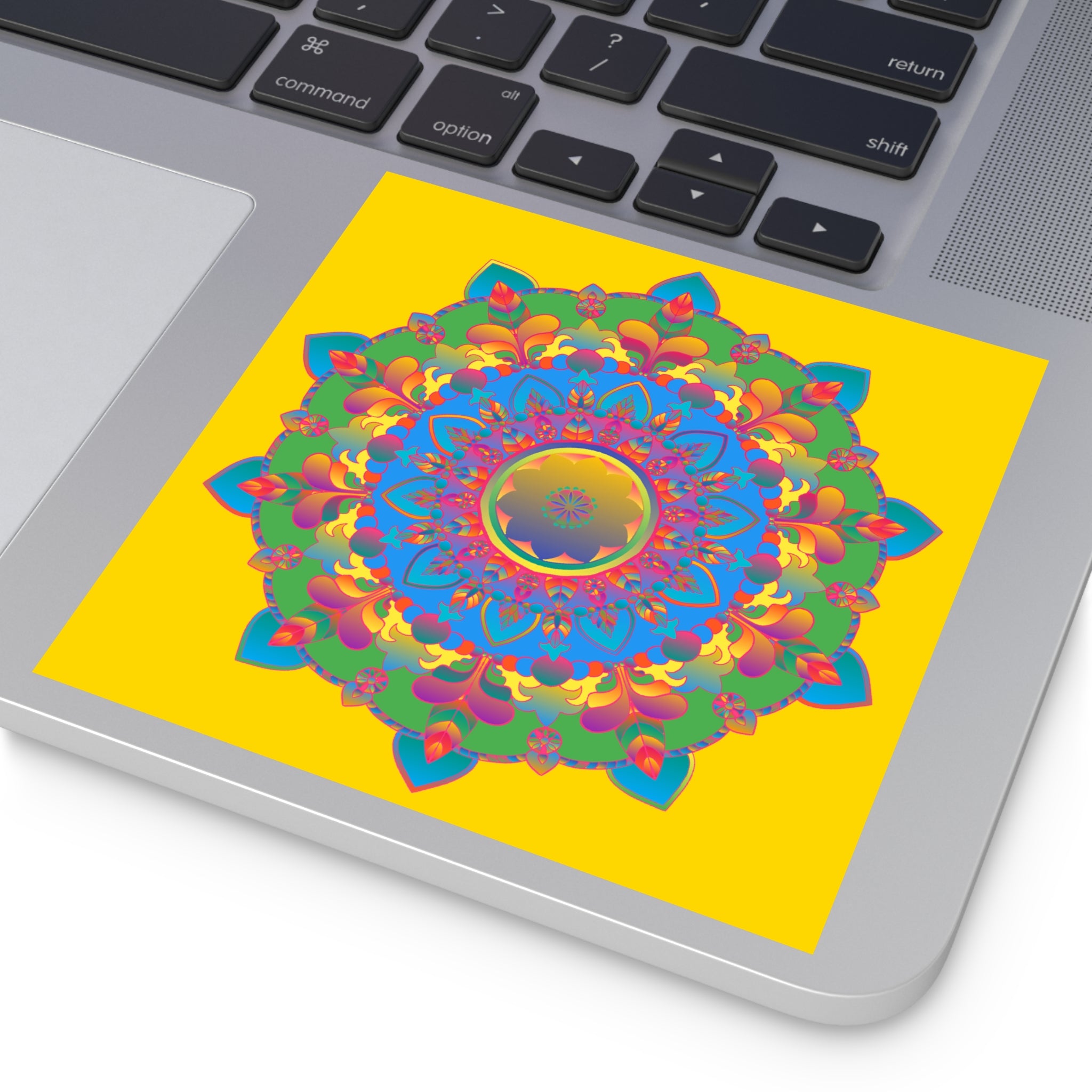 Handgezeichnete Mandala-Laminieraufkleber – Gold, Rot und Grün auf sonnengelbem Grund