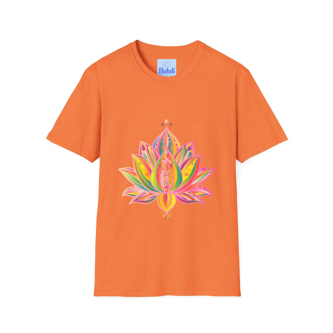 Lotus Mandala Unisex T-Shirt - Hand-Drawn Unique Design - Blululi, a beautiful and intricate lotus mandala design adorning a comfortable unisex t-shirt in a stunning blend of colors